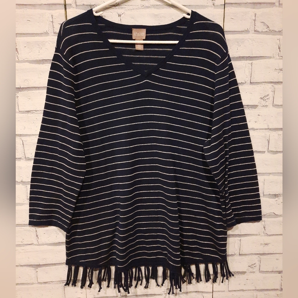 Chico's Women's Size 3 Sweater Blue White Stripe Fringe Long Sleeve